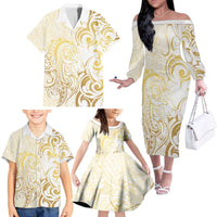 Gold And White Aotearoa Horse Racing Family Matching Off The Shoulder Long Sleeve Dress and Hawaiian Shirt NZ Maori Pattern LT14 - Polynesian Pride