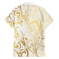 Gold And White Aotearoa Horse Racing Family Matching Off The Shoulder Long Sleeve Dress and Hawaiian Shirt NZ Maori Pattern LT14 - Polynesian Pride