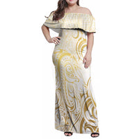Gold And White Aotearoa Horse Racing Family Matching Off Shoulder Maxi Dress and Hawaiian Shirt NZ Maori Pattern LT14 Mom's Dress White - Polynesian Pride