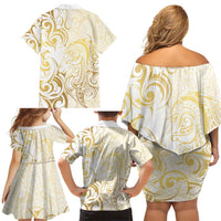 Gold And White Aotearoa Horse Racing Family Matching Off Shoulder Short Dress and Hawaiian Shirt NZ Maori Pattern LT14 - Polynesian Pride