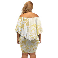 Gold And White Aotearoa Horse Racing Family Matching Off Shoulder Short Dress and Hawaiian Shirt NZ Maori Pattern LT14 - Polynesian Pride
