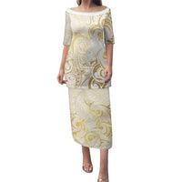 Gold And White Aotearoa Horse Racing Family Matching Puletasi and Hawaiian Shirt NZ Maori Pattern LT14 Mom's Dress White - Polynesian Pride