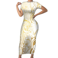 Gold And White Aotearoa Horse Racing Family Matching Short Sleeve Bodycon Dress and Hawaiian Shirt NZ Maori Pattern LT14 Mom's Dress White - Polynesian Pride