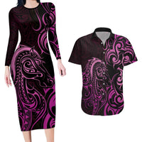 Pink Aotearoa Horse Racing Couples Matching Long Sleeve Bodycon Dress and Hawaiian Shirt NZ Maori Pattern LT14 Pink - Polynesian Pride