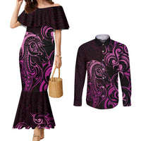 Pink Aoteara Horse Racing Couples Matching Mermaid Dress and Long Sleeve Button Shirt NZ Maori Pattern