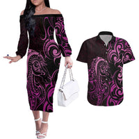 Pink Aotearoa Horse Racing Couples Matching Off The Shoulder Long Sleeve Dress and Hawaiian Shirt NZ Maori Pattern LT14 Pink - Polynesian Pride