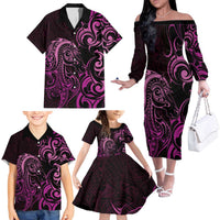 Pink Aotearoa Horse Racing Family Matching Off The Shoulder Long Sleeve Dress and Hawaiian Shirt NZ Maori Pattern LT14 - Polynesian Pride