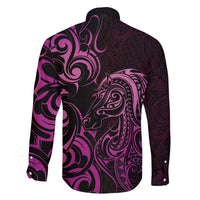 Pink Aotearoa Horse Racing Family Matching Off The Shoulder Long Sleeve Dress and Hawaiian Shirt NZ Maori Pattern LT14 - Polynesian Pride