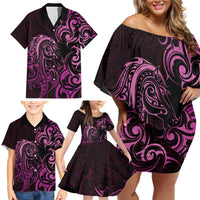 Pink Aotearoa Horse Racing Family Matching Off Shoulder Short Dress and Hawaiian Shirt NZ Maori Pattern LT14 - Polynesian Pride