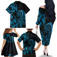 Blue Aotearoa Horse Racing Family Matching Off The Shoulder Long Sleeve Dress and Hawaiian Shirt NZ Maori Pattern LT14 - Polynesian Pride