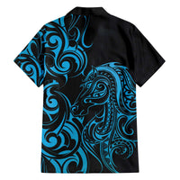 Blue Aotearoa Horse Racing Family Matching Off The Shoulder Long Sleeve Dress and Hawaiian Shirt NZ Maori Pattern LT14 - Polynesian Pride