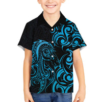 Blue Aotearoa Horse Racing Family Matching Off The Shoulder Long Sleeve Dress and Hawaiian Shirt NZ Maori Pattern LT14 Son's Shirt Blue - Polynesian Pride