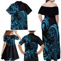 Blue Aotearoa Horse Racing Family Matching Off Shoulder Maxi Dress and Hawaiian Shirt NZ Maori Pattern LT14 - Polynesian Pride