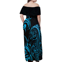 Blue Aotearoa Horse Racing Family Matching Off Shoulder Maxi Dress and Hawaiian Shirt NZ Maori Pattern LT14 - Polynesian Pride