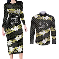 Born And Raised Aloha Hawaii Couples Matching Long Sleeve Bodycon Dress and Long Sleeve Button Shirt Kanaka Kakau Hawaiian Tiare Pakalana Lei LT14 Black - Polynesian Pride