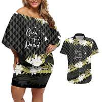 Born And Raised Aloha Hawaii Couples Matching Off Shoulder Short Dress and Hawaiian Shirt Kanaka Kakau Hawaiian Tiare Pakalana Lei LT14 Black - Polynesian Pride