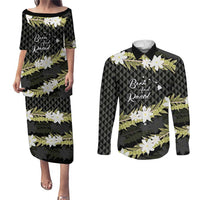 Born And Raised Aloha Hawaii Couples Matching Puletasi and Long Sleeve Button Shirt Kanaka Kakau Hawaiian Tiare Pakalana Lei LT14 Black - Polynesian Pride