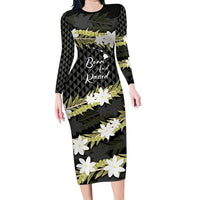 Born And Raised Aloha Hawaii Long Sleeve Bodycon Dress Kanaka Kakau Hawaiian Tiare Pakalana Lei LT14 Long Dress Black - Polynesian Pride