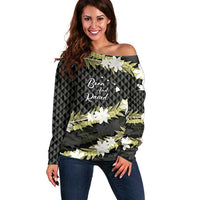 Born And Raised Aloha Hawaii Off Shoulder Sweater Kanaka Kakau Hawaiian Tiare Pakalana Lei LT14 Women Black - Polynesian Pride