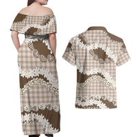 Brown Hawaii Tiare and Shell Lei Couples Matching Off Shoulder Maxi Dress and Hawaiian Shirt Hawaiian Palaka Luxury Vibes LT14 - Polynesian Pride