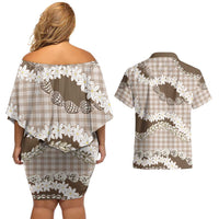 Brown Hawaii Tiare and Shell Lei Couples Matching Off Shoulder Short Dress and Hawaiian Shirt Hawaiian Palaka Luxury Vibes LT14 - Polynesian Pride
