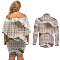 Brown Hawaii Tiare and Shell Lei Couples Matching Off Shoulder Short Dress and Long Sleeve Button Shirt Hawaiian Palaka Luxury Vibes LT14 - Polynesian Pride