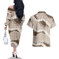 Brown Hawaii Tiare and Shell Lei Couples Matching Off The Shoulder Long Sleeve Dress and Hawaiian Shirt Hawaiian Palaka Luxury Vibes LT14 - Polynesian Pride