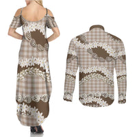 Brown Hawaii Tiare and Shell Lei Couples Matching Summer Maxi Dress and Long Sleeve Button Shirt Hawaiian Palaka Luxury Vibes LT14 - Polynesian Pride