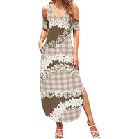Brown Hawaii Tiare and Shell Lei Family Matching Summer Maxi Dress and Hawaiian Shirt Hawaiian Palaka Luxury Vibes LT14 Mom's Dress Brown - Polynesian Pride