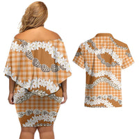 Orange Hawaii Tiare and Shell Lei Couples Matching Off Shoulder Short Dress and Hawaiian Shirt Hawaiian Palaka Luxury Vibes LT14 - Polynesian Pride