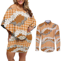 Orange Hawaii Tiare and Shell Lei Couples Matching Off Shoulder Short Dress and Long Sleeve Button Shirt Hawaiian Palaka Luxury Vibes LT14 Orange - Polynesian Pride