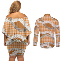 Orange Hawaii Tiare and Shell Lei Couples Matching Off Shoulder Short Dress and Long Sleeve Button Shirt Hawaiian Palaka Luxury Vibes LT14 - Polynesian Pride
