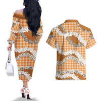 Orange Hawaii Tiare and Shell Lei Couples Matching Off The Shoulder Long Sleeve Dress and Hawaiian Shirt Hawaiian Palaka Luxury Vibes LT14 - Polynesian Pride