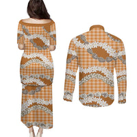 Orange Hawaii Tiare and Shell Lei Couples Matching Puletasi and Long Sleeve Button Shirt Hawaiian Palaka Luxury Vibes - Polynesian Pride