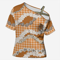 Orange Hawaii Tiare and Shell Lei Cross Shoulder Shirt Hawaiian Palaka Luxury Vibes - Polynesian Pride