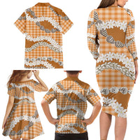 Orange Hawaii Tiare and Shell Lei Family Matching Long Sleeve Bodycon Dress and Hawaiian Shirt Hawaiian Palaka Luxury Vibes LT14 - Polynesian Pride