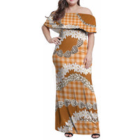 Orange Hawaii Tiare and Shell Lei Family Matching Off Shoulder Maxi Dress and Hawaiian Shirt Hawaiian Palaka Luxury Vibes LT14 Mom's Dress Orange - Polynesian Pride
