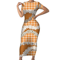 Orange Hawaii Tiare and Shell Lei Short Sleeve Bodycon Dress Hawaiian Palaka Luxury Vibes - Polynesian Pride