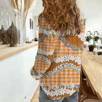 Orange Hawaii Tiare and Shell Lei Women Casual Shirt Hawaiian Palaka Luxury Vibes - Polynesian Pride