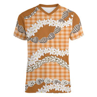 Orange Hawaii Tiare and Shell Lei Women V-Neck T-Shirt Hawaiian Palaka Luxury Vibes LT14 Female Orange - Polynesian Pride