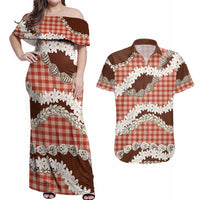 Red Hawaii Tiare and Shell Lei Couples Matching Off Shoulder Maxi Dress and Hawaiian Shirt Hawaiian Palaka Luxury Vibes LT14 Red - Polynesian Pride