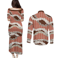 Red Hawaii Tiare and Shell Lei Couples Matching Puletasi and Long Sleeve Button Shirt Hawaiian Palaka Luxury Vibes - Polynesian Pride