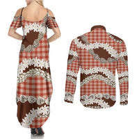 Red Hawaii Tiare and Shell Lei Couples Matching Summer Maxi Dress and Long Sleeve Button Shirt Hawaiian Palaka Luxury Vibes LT14 - Polynesian Pride