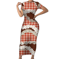 Red Hawaii Tiare and Shell Lei Family Matching Short Sleeve Bodycon Dress and Hawaiian Shirt Hawaiian Palaka Luxury Vibes LT14 Mom's Dress Red - Polynesian Pride