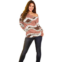 Red Hawaii Tiare and Shell Lei Off Shoulder Sweater Hawaiian Palaka Luxury Vibes - Polynesian Pride