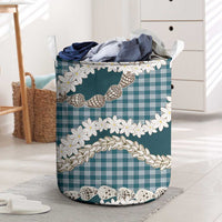 Dark Cyan Hawaii Tiare and Shell Lei Laundry Basket Hawaiian Palaka Luxury Vibes - Polynesian Pride