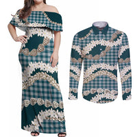 Dark Cyan Hawaii Tiare and Shell Lei Couples Matching Off Shoulder Maxi Dress and Long Sleeve Button Shirt Hawaiian Palaka Luxury Vibes LT14 Dark Cyan - Polynesian Pride