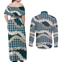 Dark Cyan Hawaii Tiare and Shell Lei Couples Matching Off Shoulder Maxi Dress and Long Sleeve Button Shirt Hawaiian Palaka Luxury Vibes LT14 - Polynesian Pride