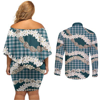 Dark Cyan Hawaii Tiare and Shell Lei Couples Matching Off Shoulder Short Dress and Long Sleeve Button Shirt Hawaiian Palaka Luxury Vibes LT14 - Polynesian Pride