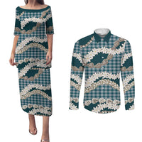 Dark Cyan Hawaii Tiare and Shell Lei Couples Matching Puletasi and Long Sleeve Button Shirt Hawaiian Palaka Luxury Vibes LT14 Dark Cyan - Polynesian Pride